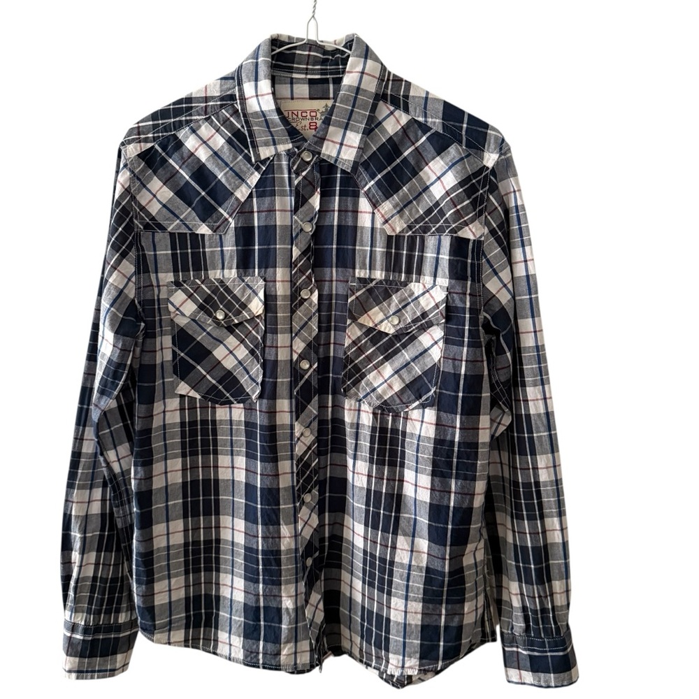 Vintage JNCO Men’s Western Plaid Pearl Snap Button Up Shirt Small Blue & White